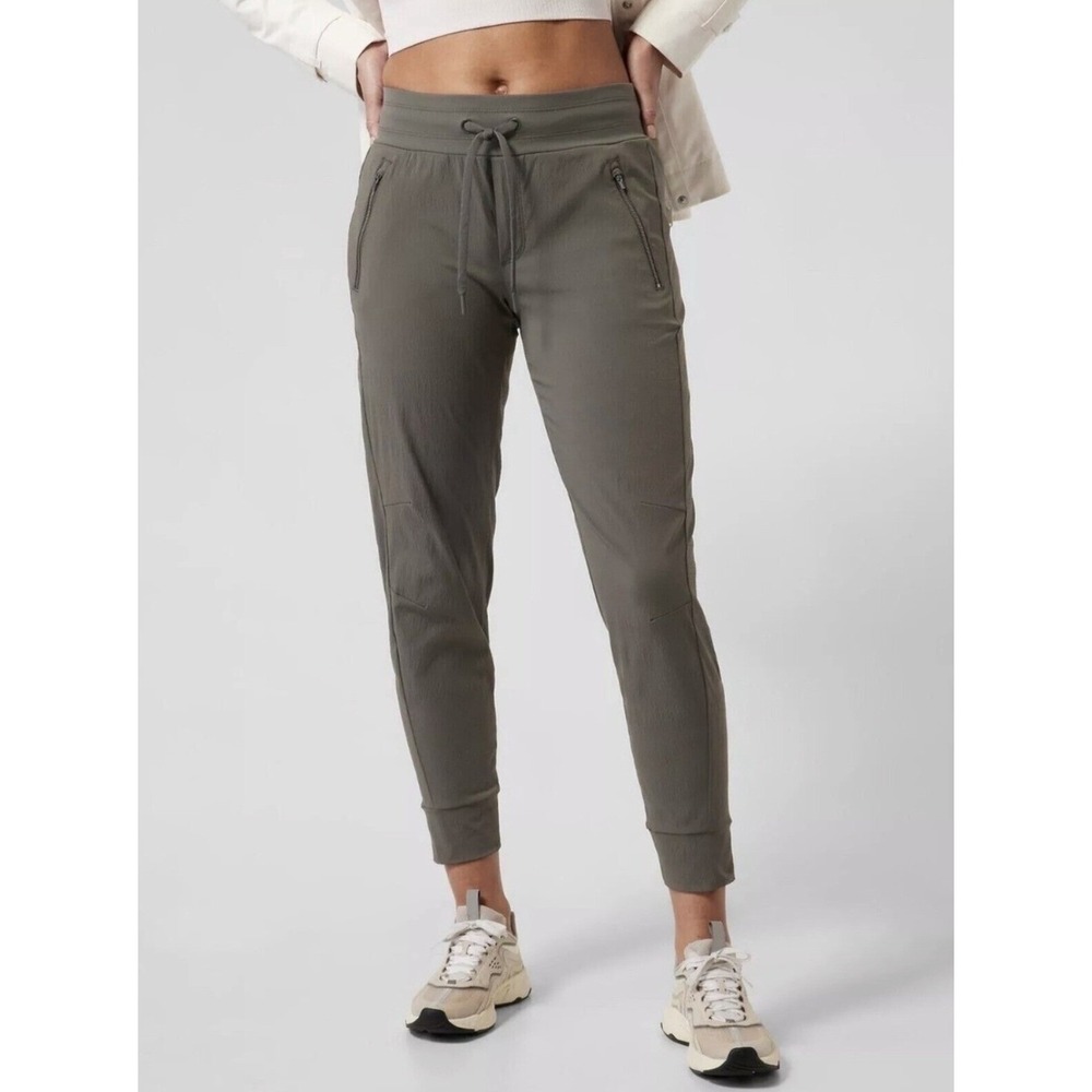 Athleta Trekkie North Jogger Gray Green Stretch Travel Pants Drawstring Size 2